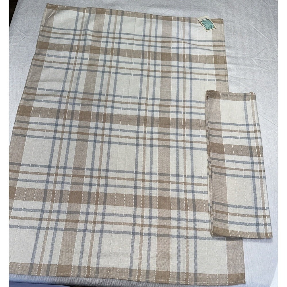2 Kitchen Cotton Hand Towels Beige Neutral Plaid Vintage 24" x 34" W/ Tags